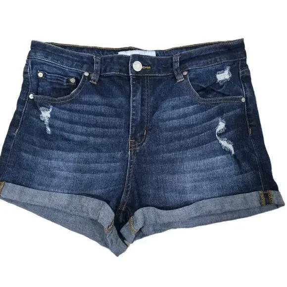 Indigo Rein Womens Distressed Denim Shorts Size 15 Dark Wash Cuffed Travel - Picture 2 of 10